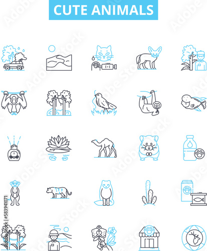 Cute animals vector line icons set. Furry, Puppy, Kitten, Cuddly, Lamb, Bunny, Adorable illustration outline concept symbols and signs