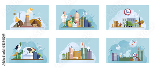 City landfill with garbage. Polluted area, garbage dump background. Earth day. Heaps of waste, stray dogs waste pollution cityscape cartoon backdrop. Junkyard, wasteland. Environment pollution problem