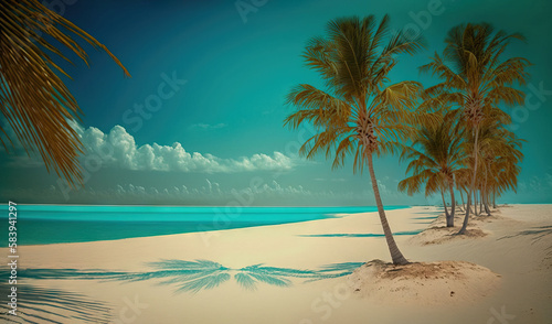  a painting of a beach with palm trees and a body of water in the distance with clouds in the sky and a few clouds in the sky.  generative ai