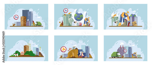 City landfill with garbage. Polluted area, garbage dump background. Earth day. Heaps of waste, stray dogs waste pollution cityscape cartoon backdrop. Junkyard, wasteland. Environment pollution problem