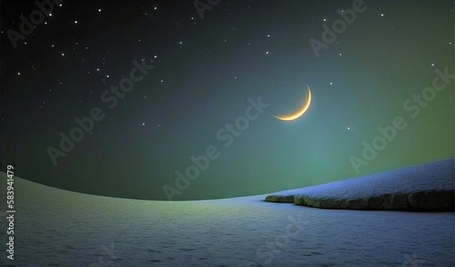  a crescent in the night sky over a snow covered hill with a crescent on it's side and stars in the sky above it. generative ai