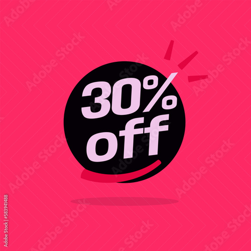 30% off. Black banner with special sale ten percent off black speech bubble and red background.