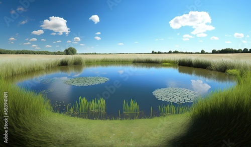  a pond surrounded by tall grass and a blue sky with clouds in the background with a few clouds in the sky above it and a few water lilies in the foreground. generative ai © Olga