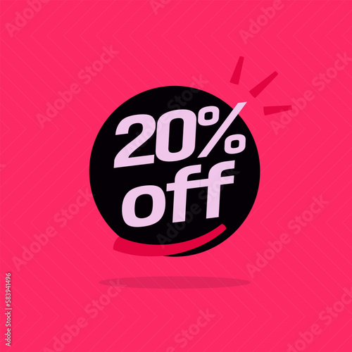 20% off. Black banner with special sale ten percent off black speech bubble and red background.