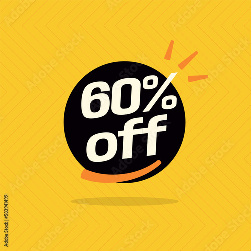60% off. Black banner with special sale ten percent off black speech bubble and yellow background.