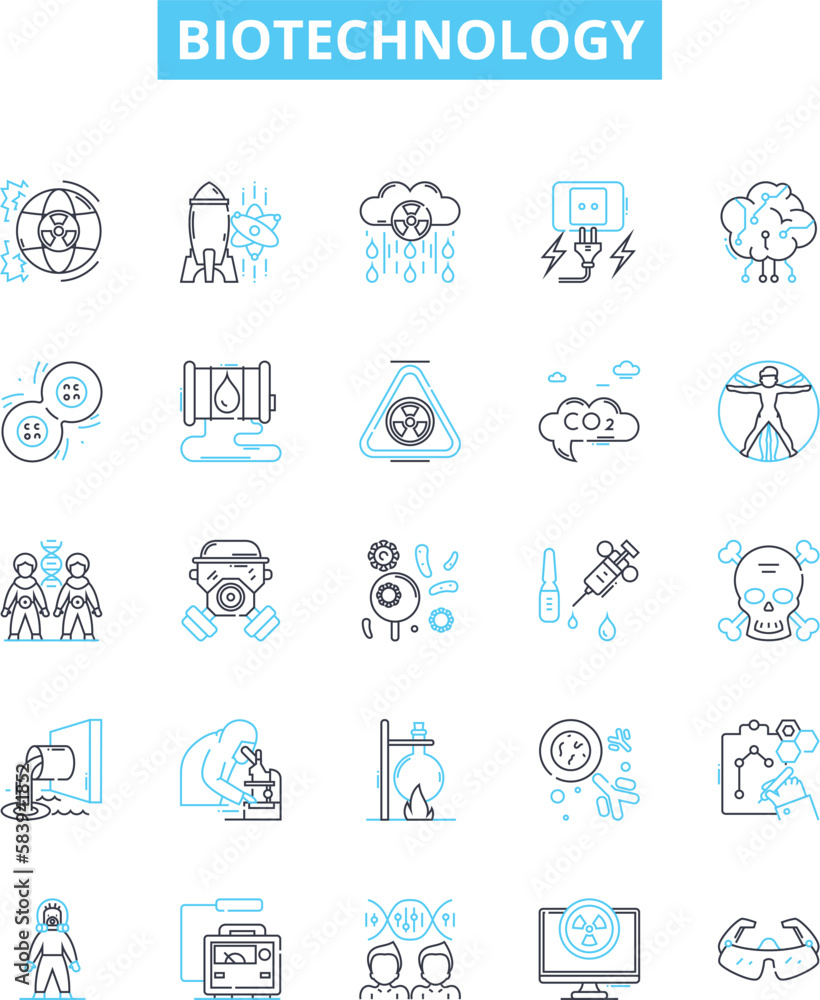 Biotechnology vector line icons set. Biotech, Genetics, Bioengineering, Genomics, Recombinant, Microbiology, Enzymes illustration outline concept symbols and signs