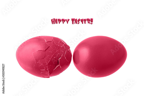 Canvas Print Cracked and whole painted natural chicken easter eggs in trendy color 2023 Viva Magenta isolated on white background