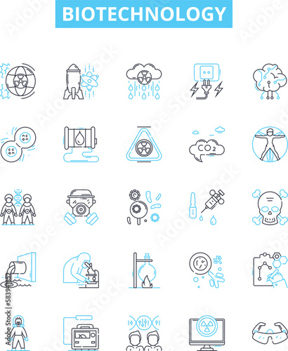 Biotechnology vector line icons set. Biotech, Genetics, Bioengineering, Genomics, Recombinant, Microbiology, Enzymes illustration outline concept symbols and signs