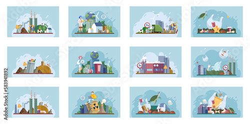 City landfill with garbage. Polluted area, garbage dump background. Earth day. Heaps of waste, stray dogs waste pollution cityscape cartoon backdrop. Junkyard, wasteland. Environment pollution problem