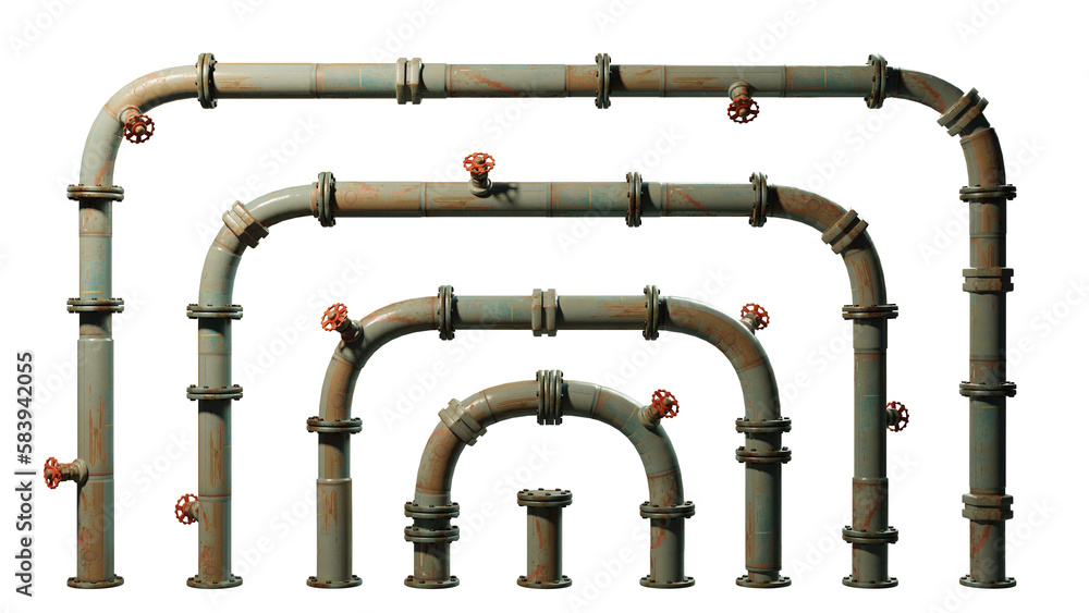 metal pipes with valves, collection of connectors and rivets isolated on transparent background