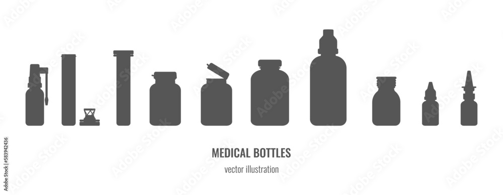 Medicine bottle silhouettes set .  Flat style vector illustration