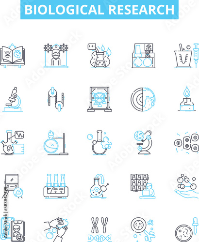 Biological research vector line icons set. Biology, Research, Biochemistry, Genetic, Microbiology, Organism, Cell illustration outline concept symbols and signs