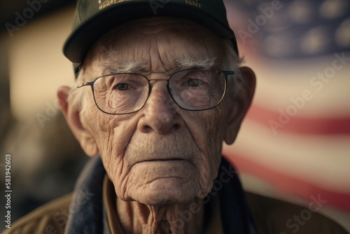 elderly veteran on the background of the American flag. generative AI