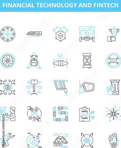 Financial Technology and FinTech vector line icons set. FinTech, Financial, Technology, Banking, Payments, Blockchain, Cryptocurrency illustration outline concept symbols and signs