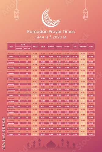 Ramadan Schedule Prayer Timetable for Fasting and Iftar Design Template. Vector Illustration