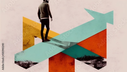 Person standing at crossroads in a stylized, collage style illustration, facing the challenge of making a decision about life, career, and future direction. Choices in personal growth. Generative AI