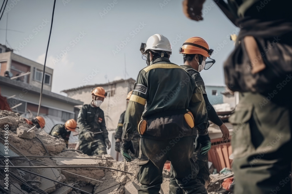 Fototapeta premium Rescue mission after the earthquake, men in protective uniform and helmets. Generative AI