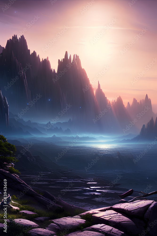 Breathtaking Beautiful Alien Fantasy Landscape Of An Unknown Planet At Night, created with generative ai technology