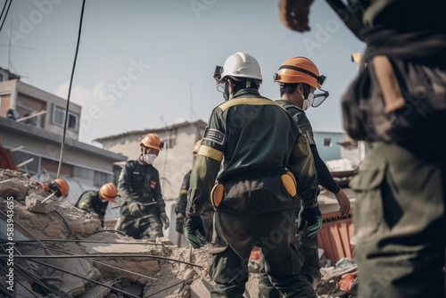 Rescue mission after the earthquake, men in protective uniform and helmets. Generative AI