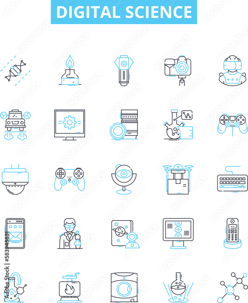 Digital science vector line icons set. Digital, Science, Technology, Data, Network, Modeling, Algorithms illustration outline concept symbols and signs
