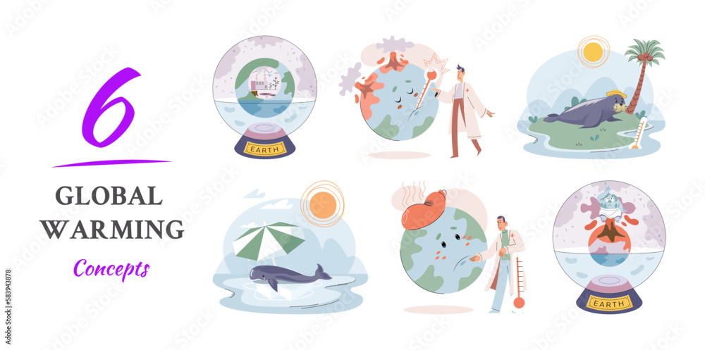 Fototapeta premium Global warming. High temperature hot weather Earth. Climate change Hot melt planet earth. Global warming heating impact. Tiny people. Raising global temperature. People energy use planet. Earth day