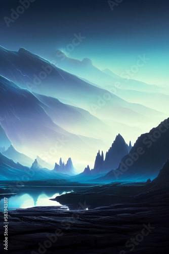 Breathtaking Beautiful Alien Fantasy Landscape Of An Unknown Planet At Night, created with generative ai technology © KeeHong