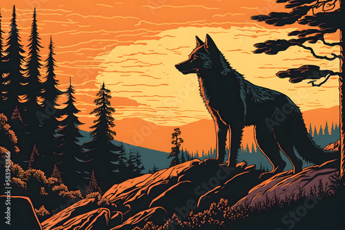 Wolf on the mountains, in the sun. Generative AI