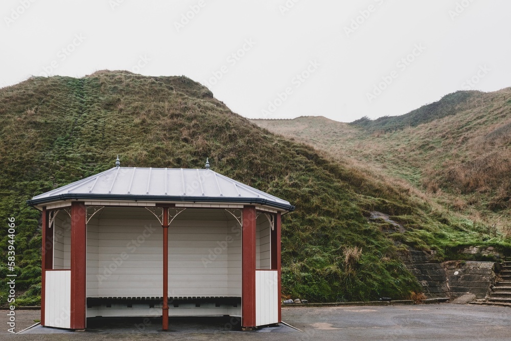 Victorian seaside shelter at Saltburn-by-the-Sea on a misty day