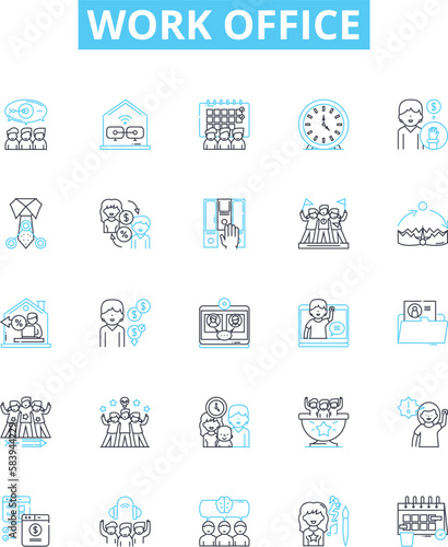 Work office vector line icons set. Workplace, Desk, Office, Computer, Chair, Printer, Scanner illustration outline concept symbols and signs