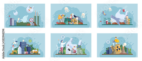 City landfill with garbage. Polluted area, garbage dump background. Earth day. Heaps of waste, stray dogs waste pollution cityscape cartoon backdrop. Junkyard, wasteland. Environment pollution problem