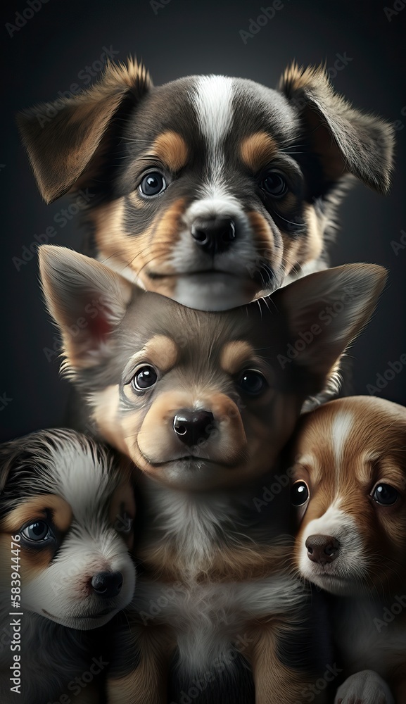 four puppies in a square, with black backgrounds, in the style of dark gray and brown