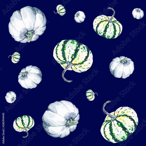 Pumpkins. Watercolor pattern of bright pumpkins on a dark background. Illustration with vegetables.