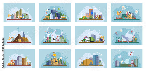 City landfill with garbage. Polluted area, garbage dump background. Earth day. Heaps of waste, stray dogs waste pollution cityscape cartoon backdrop. Junkyard, wasteland. Environment pollution problem