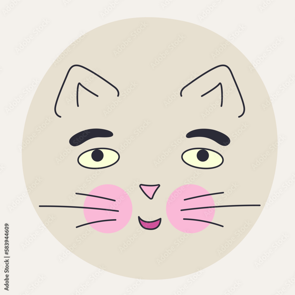 Funny cat face, abstract personage, mascot design, funny face, cute icon.