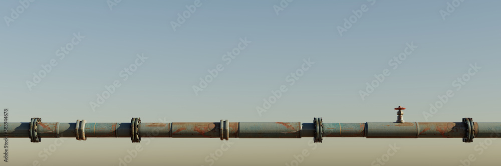 rusty pipe in front of a clear sky, horizontal pipe with valves, connectors and rivets with empty space, background banner