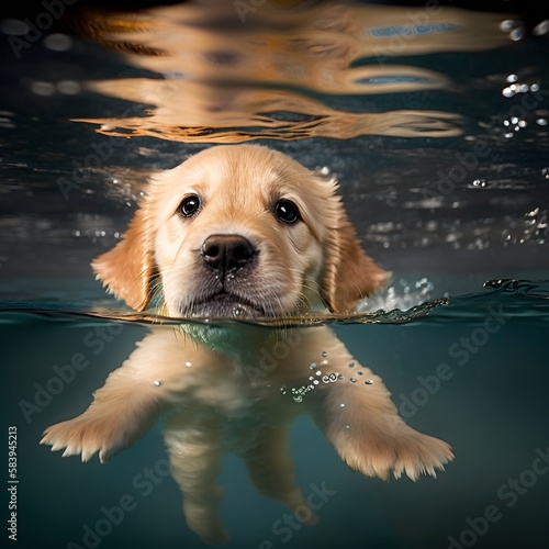 Generative AI golden retriever puppy swimming in water