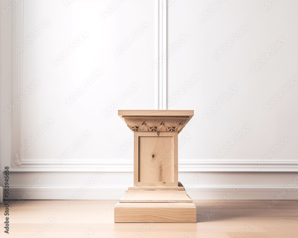 Wooden pedestal for product display in a modern home. Pedestal with white modern background .Generative AI Wooden pedestal for product display in a modern home. Pedestal with white modern background .Generative AI