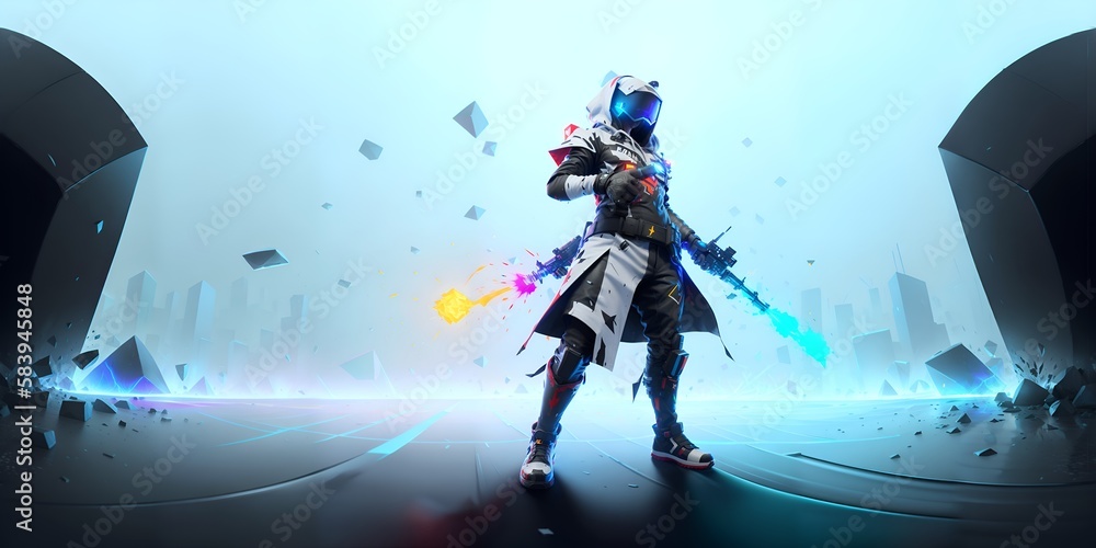 Obraz premium A man in a futuristic suit standing on a stage