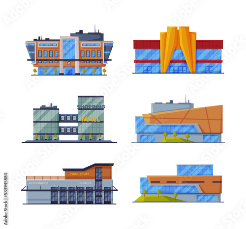 Shopping Mall Buildings of Various Design Vector Set