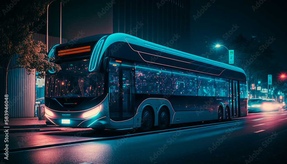 A sleek and futuristic bus driving on a city street at night, generative ai