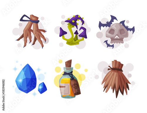 Occult Magic Objects for Mystic Rituals and Witchcraft Vector Set