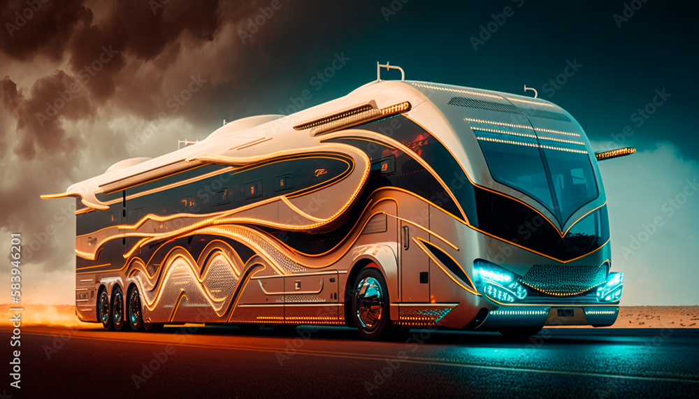 A sleek and futuristic bus with intricate golden details, generative ai