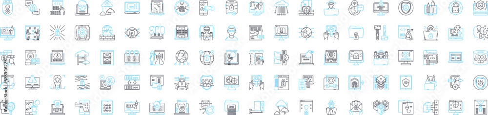 Cyber security vector line icons set. Cybersecurity, Cybercrime, Hacking, Encryption, Firewalls, Antivirus, Patching illustration outline concept symbols and signs