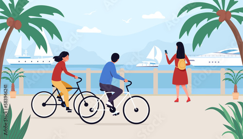 People walk, riding bike on sea quay