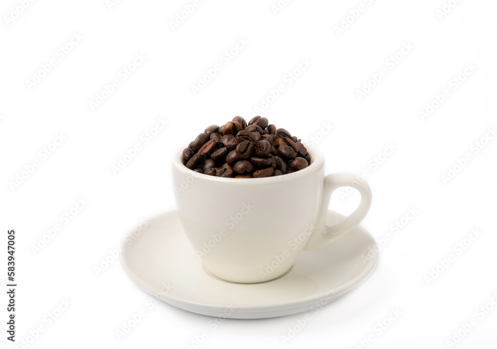 A cup of aromatic espresso coffee isolated on a white background. Coffee beans in a cup. Energy drink. A refreshing aromatic morning drink. A cup of aromatic espresso coffee isolated on a white background. Coffee beans in a cup. Energy drink. A refreshing aromatic morning drink.