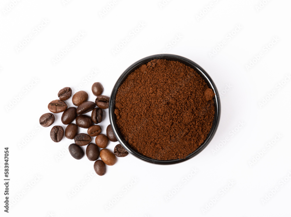Bowl of ground coffee and beans isolated on a white background. Bowl of ground coffee and beans isolated on a white background.