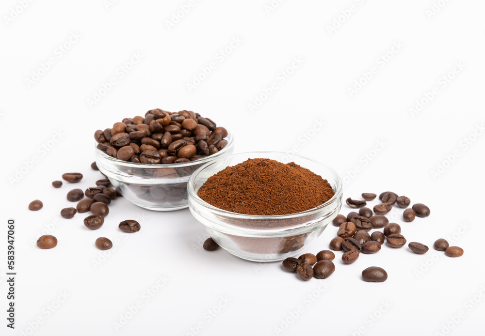 Bowl of ground coffee and beans isolated on a white background. Bowl of ground coffee and beans isolated on a white background.