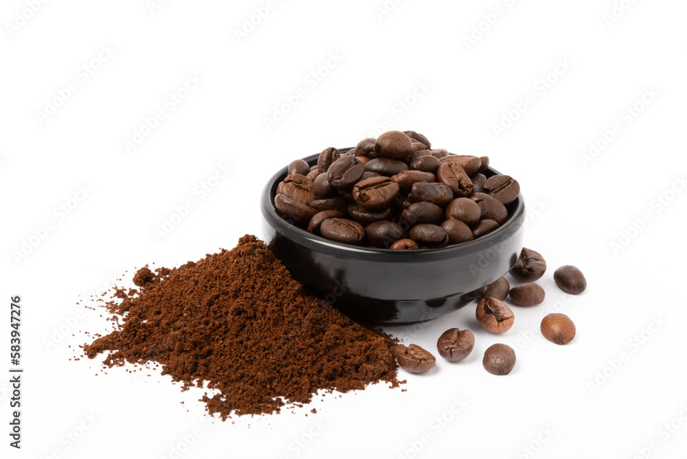 Bowl of ground coffee and beans isolated on a white background. Bowl of ground coffee and beans isolated on a white background.