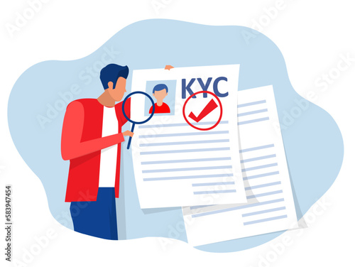 KYC or know your customer with business verifying the identity of its clients concept at the partners-to-be through a magnifying glass vector illustrator