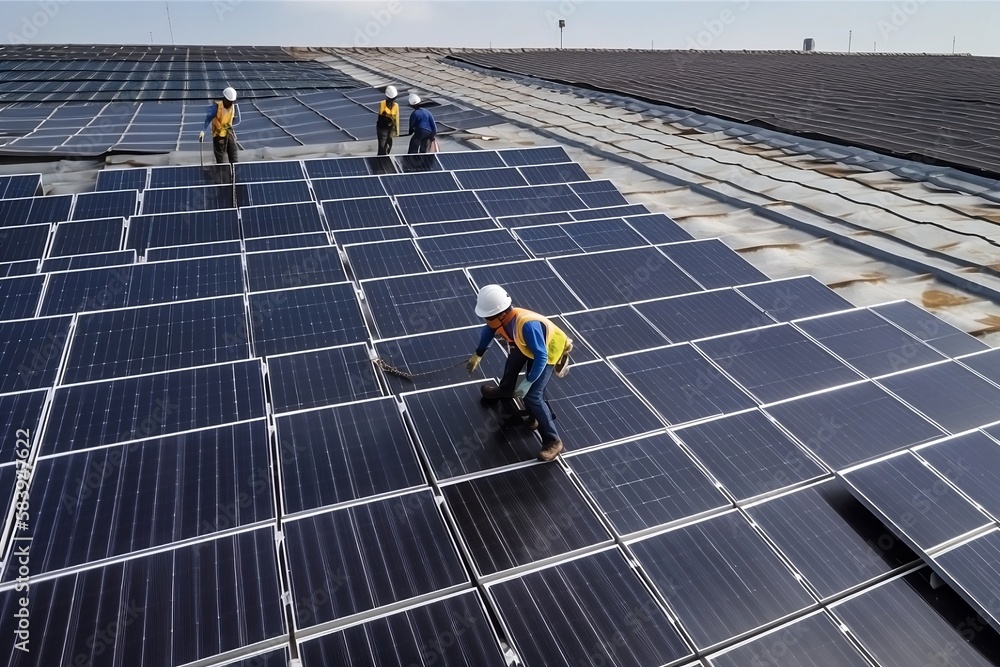 custom made wallpaper toronto digitalOn the roof, workers are installing technology solar cells electricity